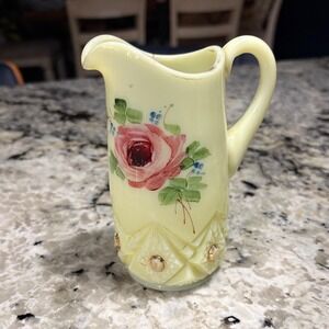 Antique Custard Glass Hand Painted‎ Rose Creamer Pitcher Victorian Yellow Glass